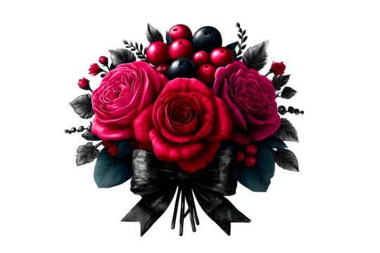 Floral bouquet illustration in hand-drawn engraving style with roses, eucalyptus, berries, twigs, and leaves tied with ribbon, arranged in classic round shape. Ultra HD - Powered by Adobe