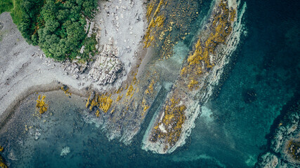 Aerial view of rocky coastline with green trees and clear blue water on a sunny day landscape shot