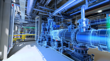 Fototapeta premium A blue and white image of a pipe system with a yellow floor. The image is a computer generated rendering of a pipe system