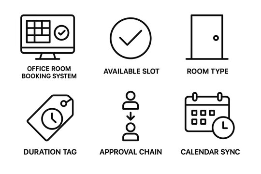 Office room booking icons: system, slot, type, duration, approval, calendar
