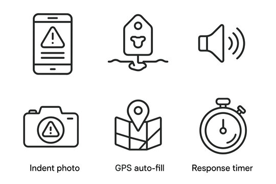 Warning notifications and gps icons: mobile, camera, sound, stopwatch, and map symbols