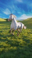 Obraz premium Majestic white horse galloping freely across verdant hills against a blue sky panorama