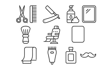 Barber shop tools: scissors, razor, comb, chair, shaving products, mustache icon