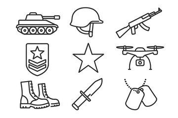 Military icon set featuring tank, helmet, rifle, drone, and more