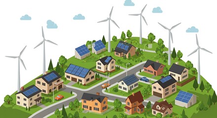 Fototapeta premium Sustainable village with wind turbine and solar panel