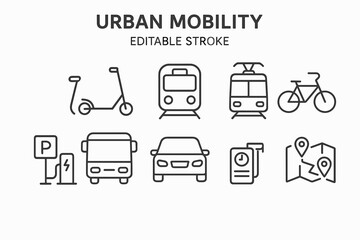 Urban mobility icons: scooter, train, tram, bicycle, charging, bus, car, fuel, navigation
