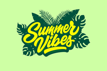 Summer vibes sticker. Lettering design of Summer Vibes with tropical leaf