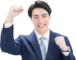 ビジネスマンのガッツポーズのカメラ目線 達成や成功、合格のイメージ 背景透明のpng合成素材