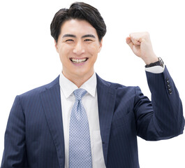 ビジネスマンのガッツポーズのカメラ目線　達成や成功、合格のイメージ　背景透明のpng合成素材
