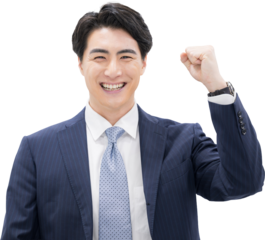 ビジネスマンのガッツポーズのカメラ目線 達成や成功、合格のイメージ 背景透明のpng合成素材