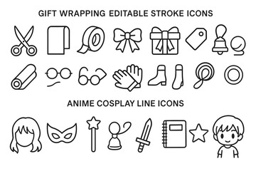 Gift wrapping and anime cosplay line icons: scissors, tape, gift, mask, wand, sword, character
