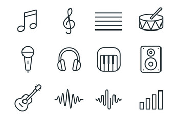 Music icons collection: instruments, notes, and sound symbols