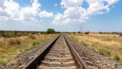 Fototapeta premium Empty railway tracks stretching into a vast, sunny landscape