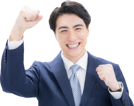 ビジネスマンのガッツポーズのカメラ目線　達成や成功、合格のイメージ　背景透明のpng合成素材 - Powered by Adobe