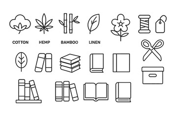 Icon set of sustainable materials and book symbols with labels