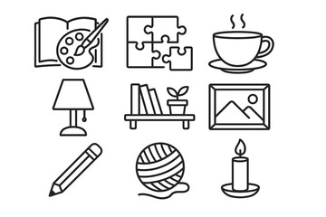 Set of eight minimalist hobby icons: reading, art, puzzle, coffee, lamp, bookshelf, pencil, candle