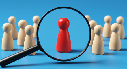Red Peg Person Under Magnifying Glass Among Beige Pegs on Blue Background