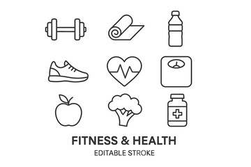 Fitness and health icons: exercise, nutrition, wellness essentials in line art