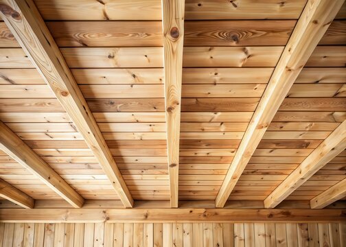 Raw wood panel with wooden beams exposed on the ceiling