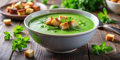 Steaming bowl of vibrant green vegetable soup garnished with toasted croutons and a sprinkle of chopped fresh herbs
