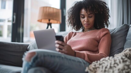 Naklejka premium Portrait of a woman using laptop and a phone and checking email or news online while sitting on sofa at home. Searching for friends in internet social networks or working on computer. Copy space.