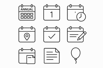 Various calendar icon set featuring annual, daily, event, and reminder symbols