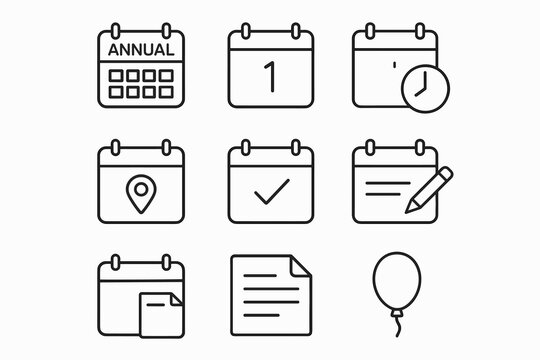 Various calendar icon set featuring annual, daily, event, and reminder symbols