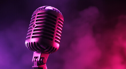 Retro Microphone in Pink and Purple Neon Light Studio Shot