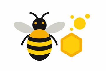 Cute cartoon bee with honeycomb and honey drops