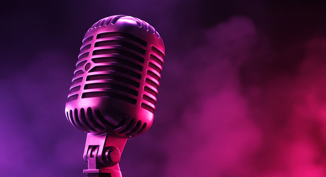 Retro Microphone in Pink and Purple Neon Light Studio Shot