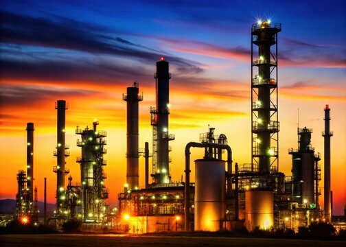 Silhouette of oil refinery PCK Schwedt at night with Russian oil pipe Druschba in the foreground