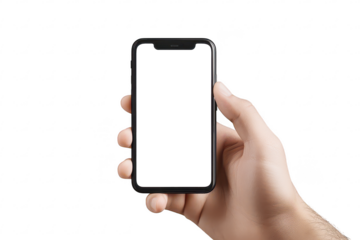 Hand holding smartphone blank screen, digital payment mockup isolated on a transparent background