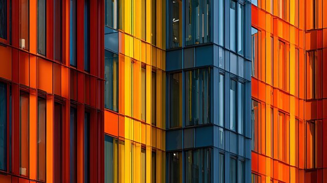 Vibrant, multicolored apartment building facade with orange, red, yellow, and blue panels and numerous rectangular windows, showing contrasting architectural styles in sunlight