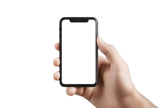 Hand holding smartphone blank screen, digital payment mockup isolated on a transparent background