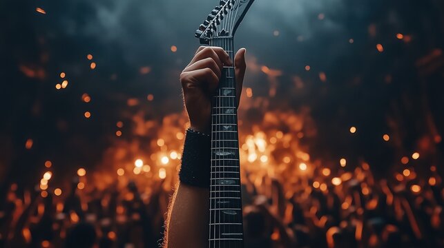 A person is holding a guitar in a concert setting with a crowd of people