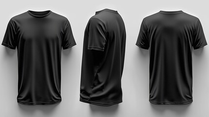 Three Black Short-Sleeved T-Shirts Displayed on Light Gray Background, Highlighting Material and Fit - Realistic Apparel Photography
