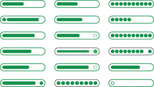 Green progress bars and loading indicators collection for software application design and website interface