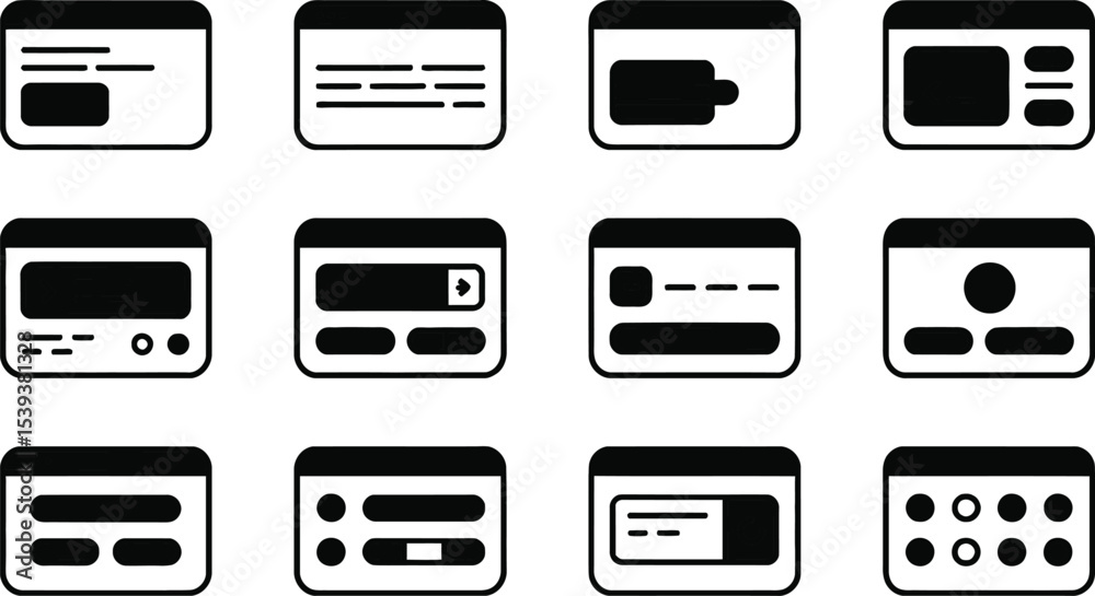 Poster set of black and white interface icon designs depicting various ui elements and digital interface co