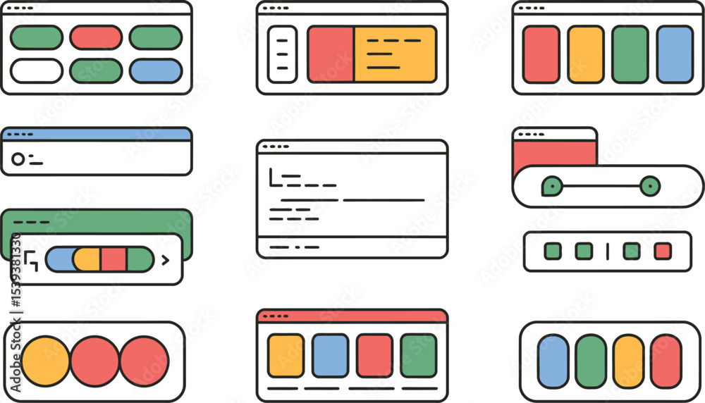Poster vector illustration featuring different ui design elements with colored buttons and windows layout d