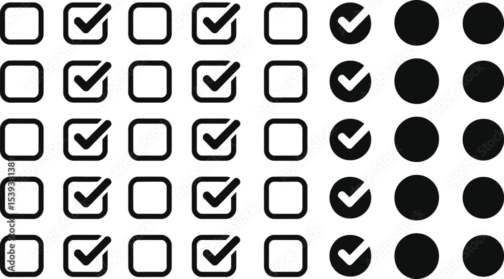 Poster selection icons of different styles including check marks within squares and circles in a symmetrica