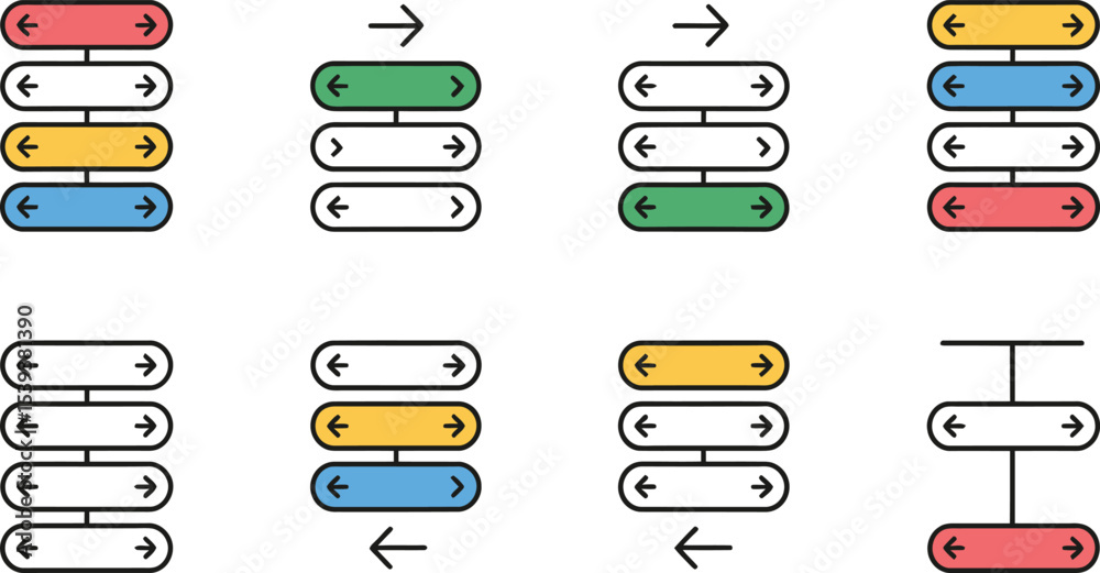 Poster colorful process flow diagrams representing different stages and sequences with arrows and rectangul