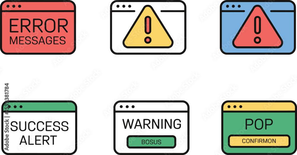 Poster colorful flat design illustrations of error warnings success alerts and pop up notifications for use