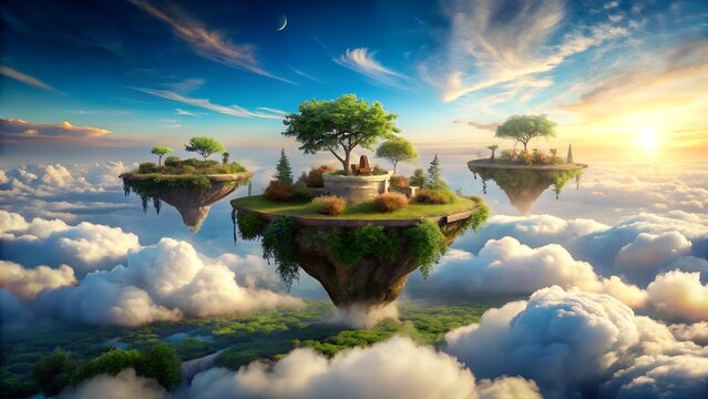 "Surreal floating island platform with clouds and plants"