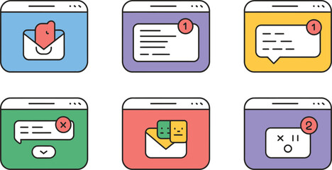 Colorful icons depicting email notifications messages and social media alerts in a modern flat illustration style