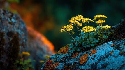 Vibrant yellow wildflowers sprout from a lichen-covered rock, set against a blurred background of dark greens and warm orange hues suggesting sunset