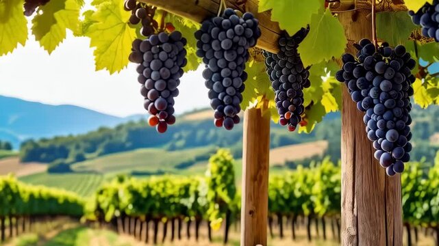 Sunlit vineyard rows under a wooden grape arbor with ripe, dark grapes hanging down in the countryside with rolling hills