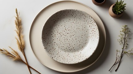 Ceramic Speckled Bowl on Large Plate with Dried Plants and Potted Succulent on White Surface