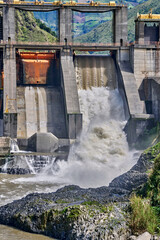 Banos De Agua Santa, Ecuador - June 18, 2023: Agoyan hydroelectric power station near Banos de Agua Santa, Ecuador, showcasing powerful water Pastaza River flow and industrial architecture