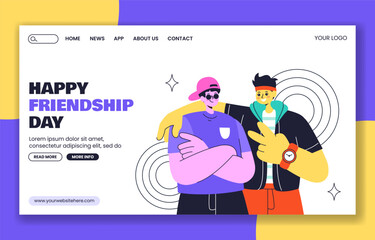 Obraz premium Colorful Friendship Day Social Media Landing Page Design with Hand Drawn Cartoon Characters