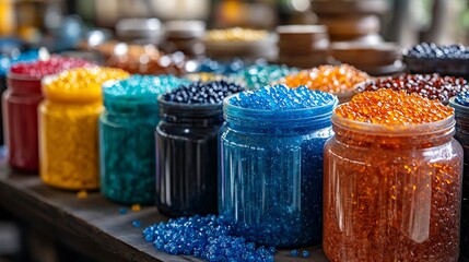 Colorful Glass Beads in Jars Displayed in an Organized and Eye-Catching Manner
